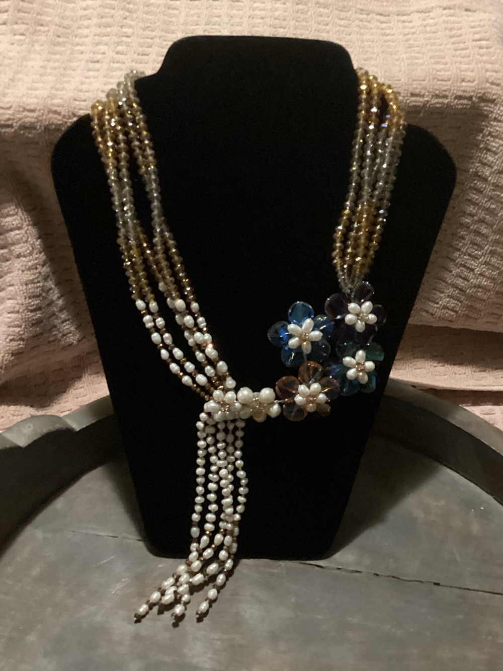 Multi-Strand Pearl Necklace with Blue & Gold Floral Accents